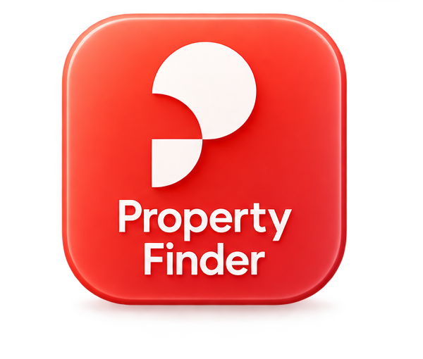 Property Finder logo on a red rounded square with white icon and text