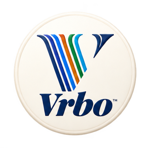 Vrbo logo with a blue and multicolor stylized V on a cream circular background