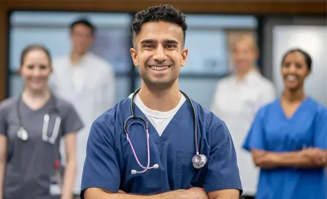 A man with a stethoscope around his neck is standing in front of a group of doctors and nurses.