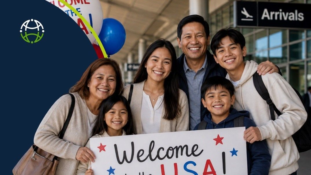 Family of 6 on their first day in the U.S. holding a welcome sign in front of the airport