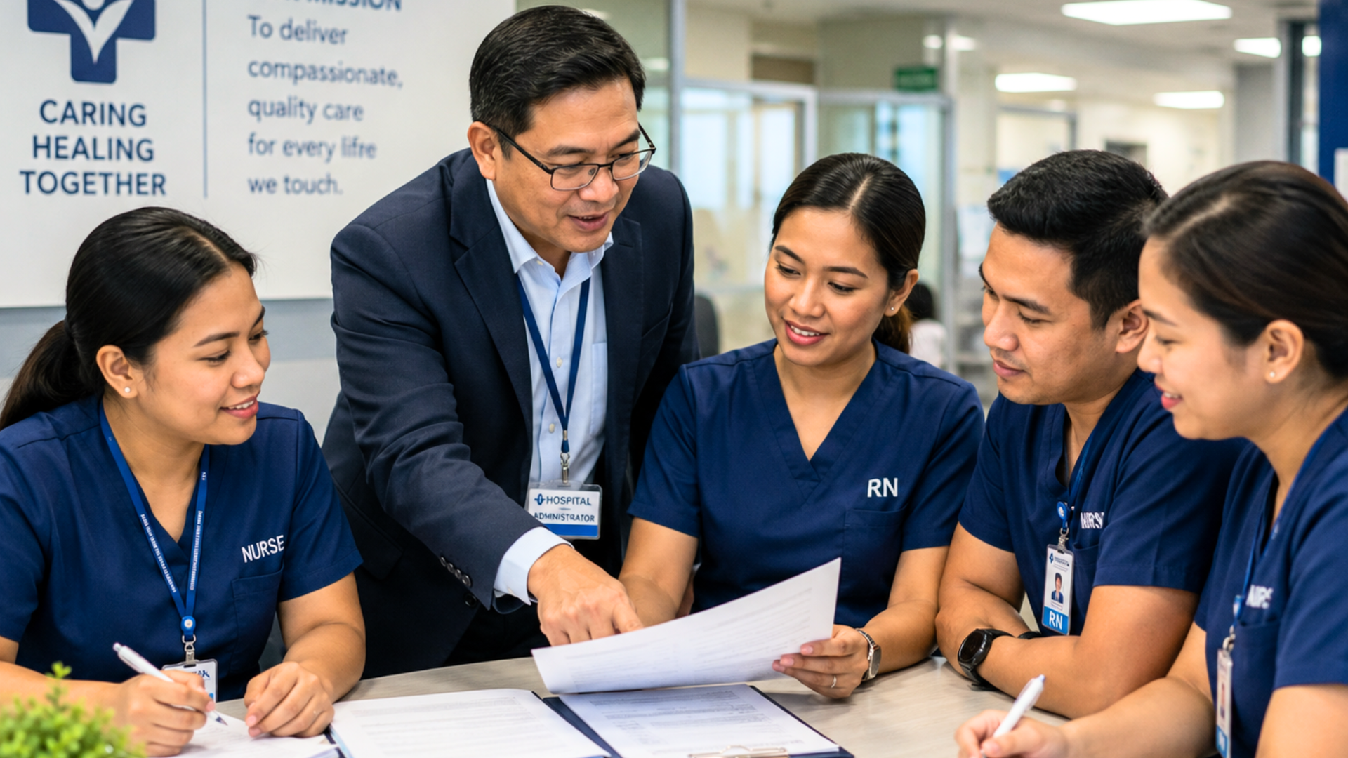 A group of international clinicians at a table looking at paperwork