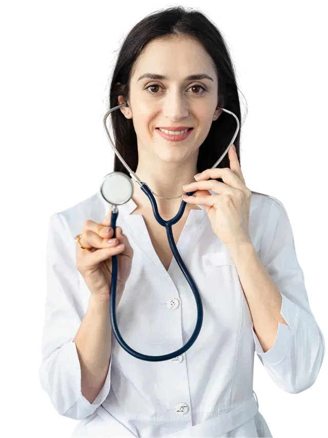 A female doctor is holding a stethoscope in her hands.