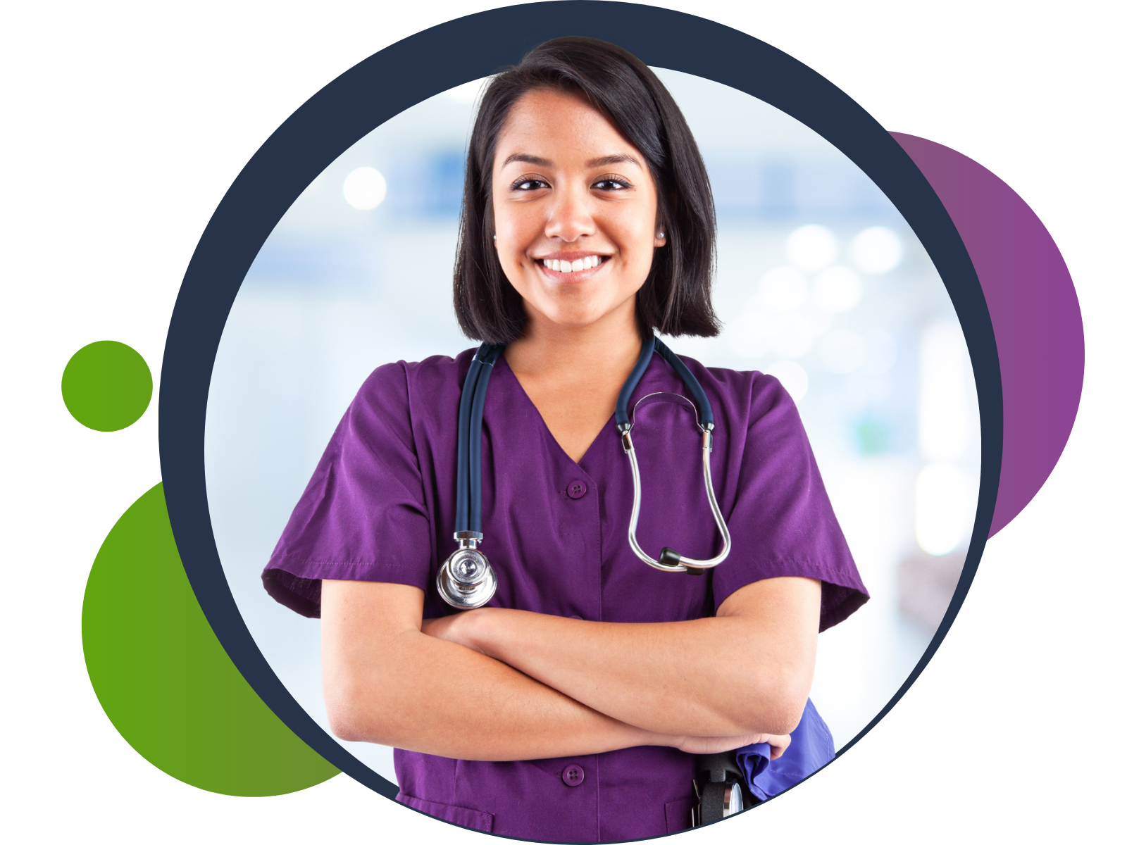 A woman in a purple scrub with a stethoscope around her neck is smiling.