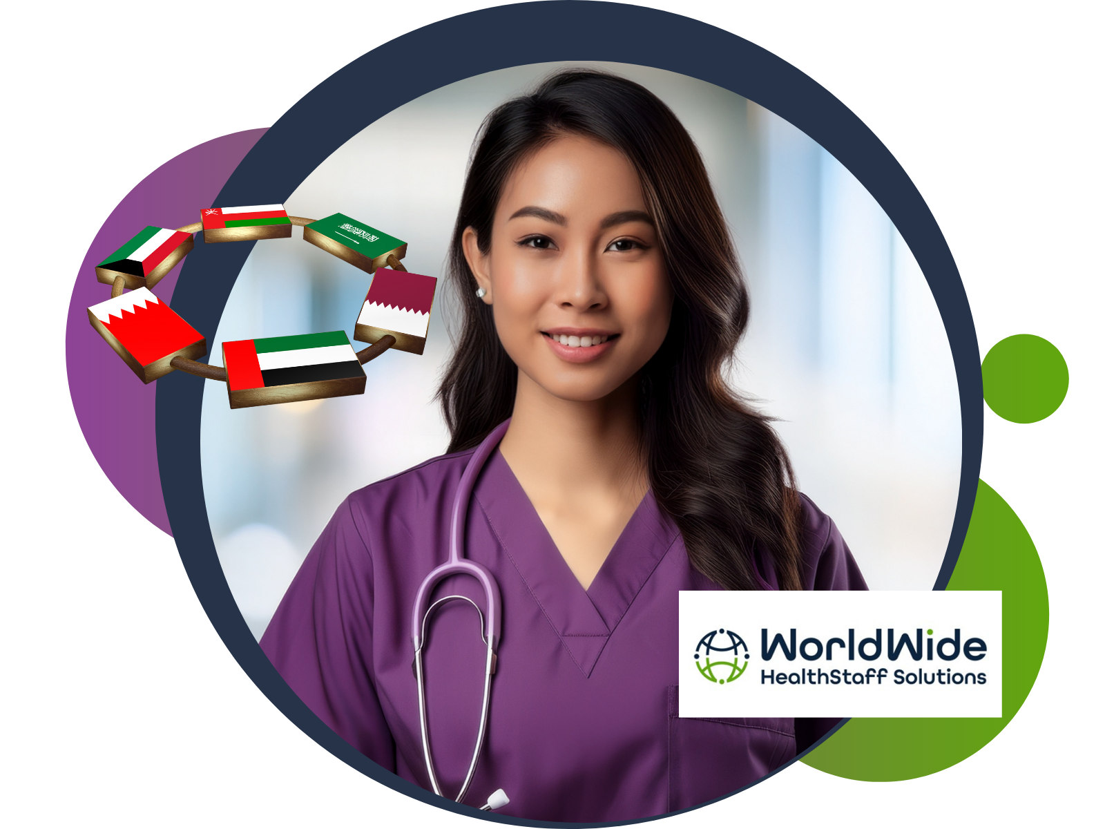 A nurse is wearing a purple scrub and a stethoscope around her neck.