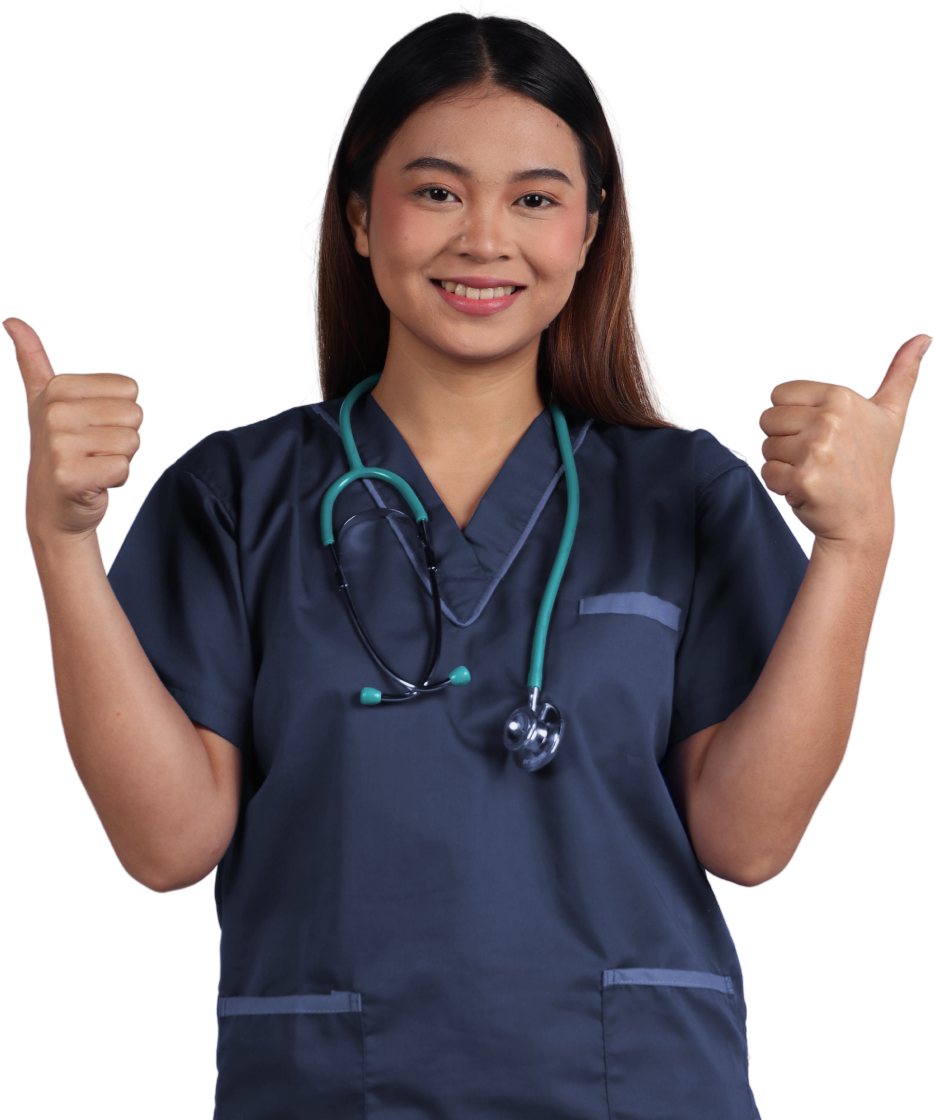 A woman in a blue scrub with a stethoscope around her neck is giving a thumbs up.