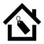 A black and white icon of a house with a tag on it.