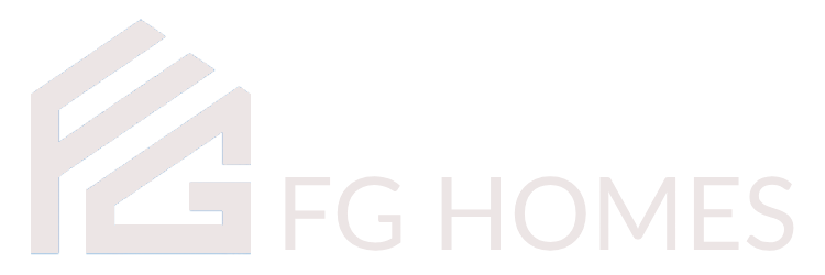 The logo for fg homes is white and has a house on it.