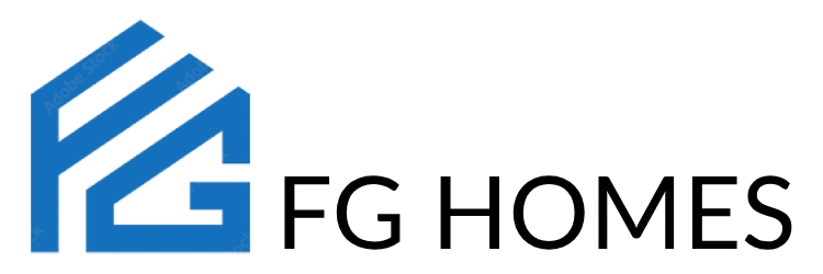 The logo for fg homes is blue and white and looks like a house.