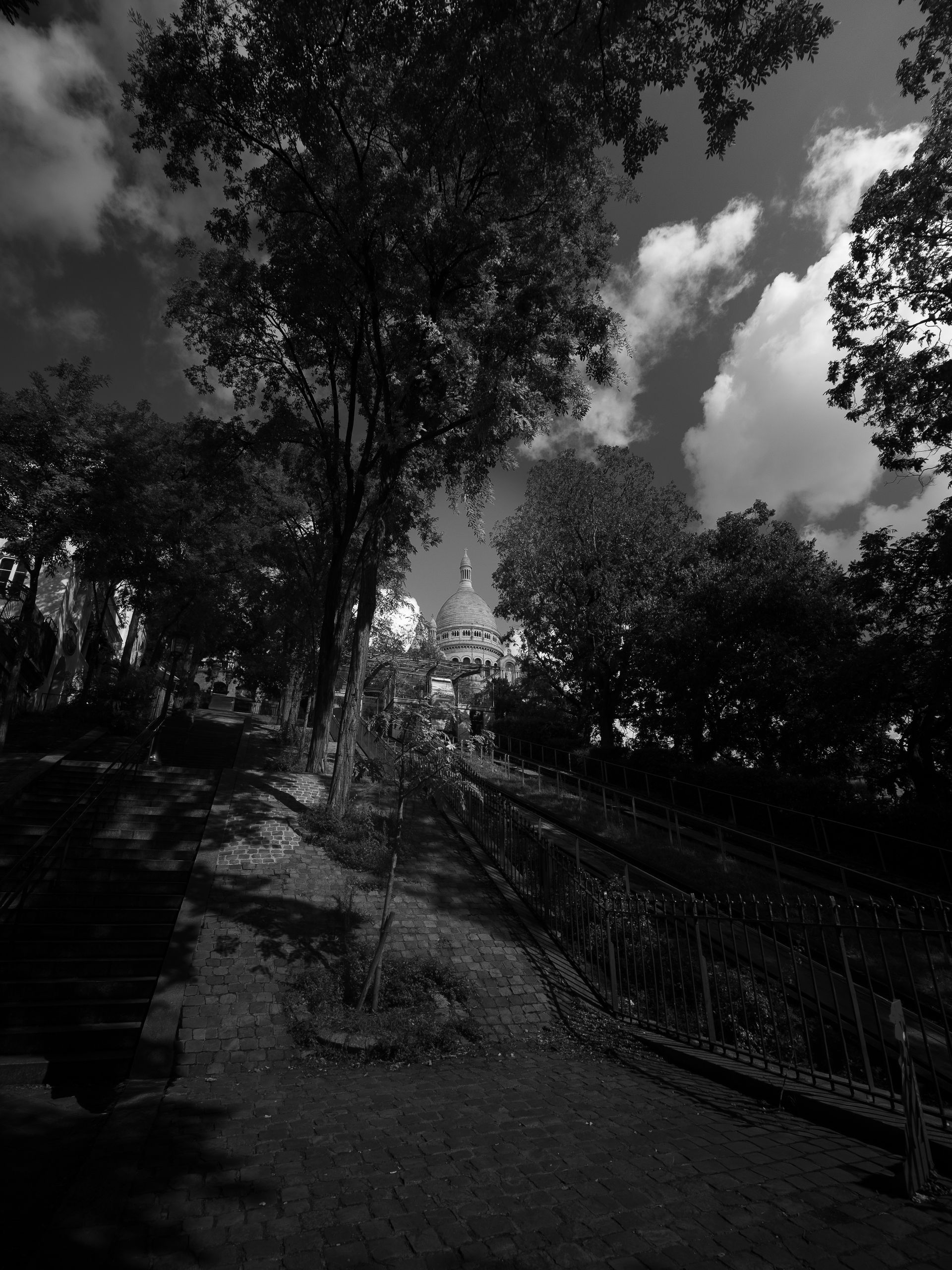 Photo en noir et blanc d'un chemin en pente traversant un parc, menant en montée vers un monument sur fond de ciel nuageux.