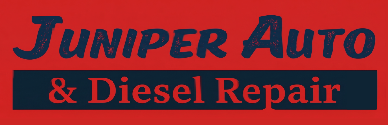 Juniper Auto & Diesel Repair sign in blue and red lettering on a red background