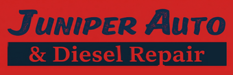 Juniper Auto & Diesel Repair sign in blue and red lettering on a red background