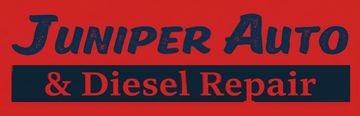 Juniper Auto & Diesel Repair sign in blue and red lettering on a red background