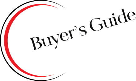A buyer 's guide logo with a red circle in the middle