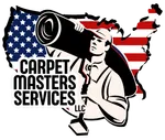 Logo for Carpet Masters Services LLC showing a person carrying a carpet roll against a background of a US flag map.