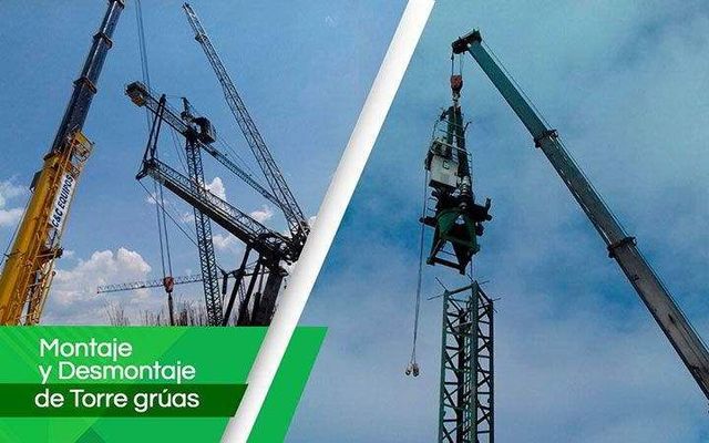 Cranes assembling a tower crane against a blue sky. Text: 
