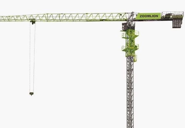 Grúa de construcción verde y gris sobre fondo blanco, con cable y gancho extendidos.