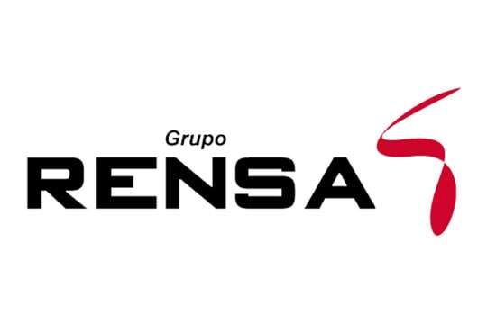 Logotipo de Grupo Rensa: Texto negro “RENSA” con “Grupo” arriba y forma abstracta roja a la derecha.