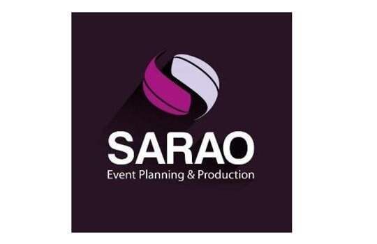 Logotipo para SARAO Event Planning & Production, con un orbe estilizado en rosa y blanco.