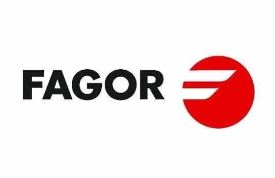 Logotipo de FAGOR: Texto negro con un círculo rojo que contiene tres líneas rojas horizontales sobre fondo blanco.