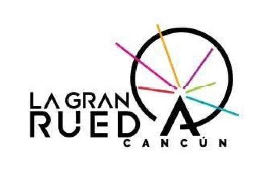 Logotipo para La Gran Rueda Cancún: Círculo negro con líneas de colores que irradian desde un punto central, texto debajo.