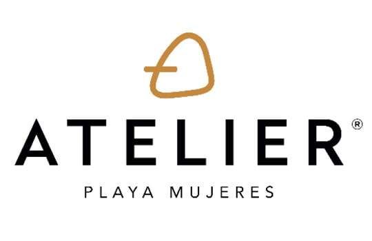 Logo for Atelier Playa Mujeres resort. Gold triangle with horizontal line, black 