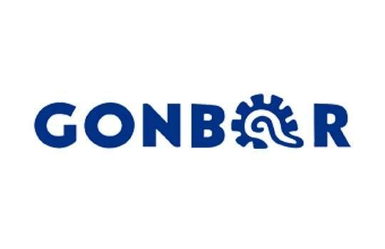 Logotipo de GONBOR, texto azul, la “O” es un diseño de inspiración azteca, sobre fondo blanco.