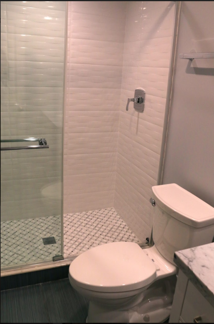 A bathroom with a toilet and a walk in shower