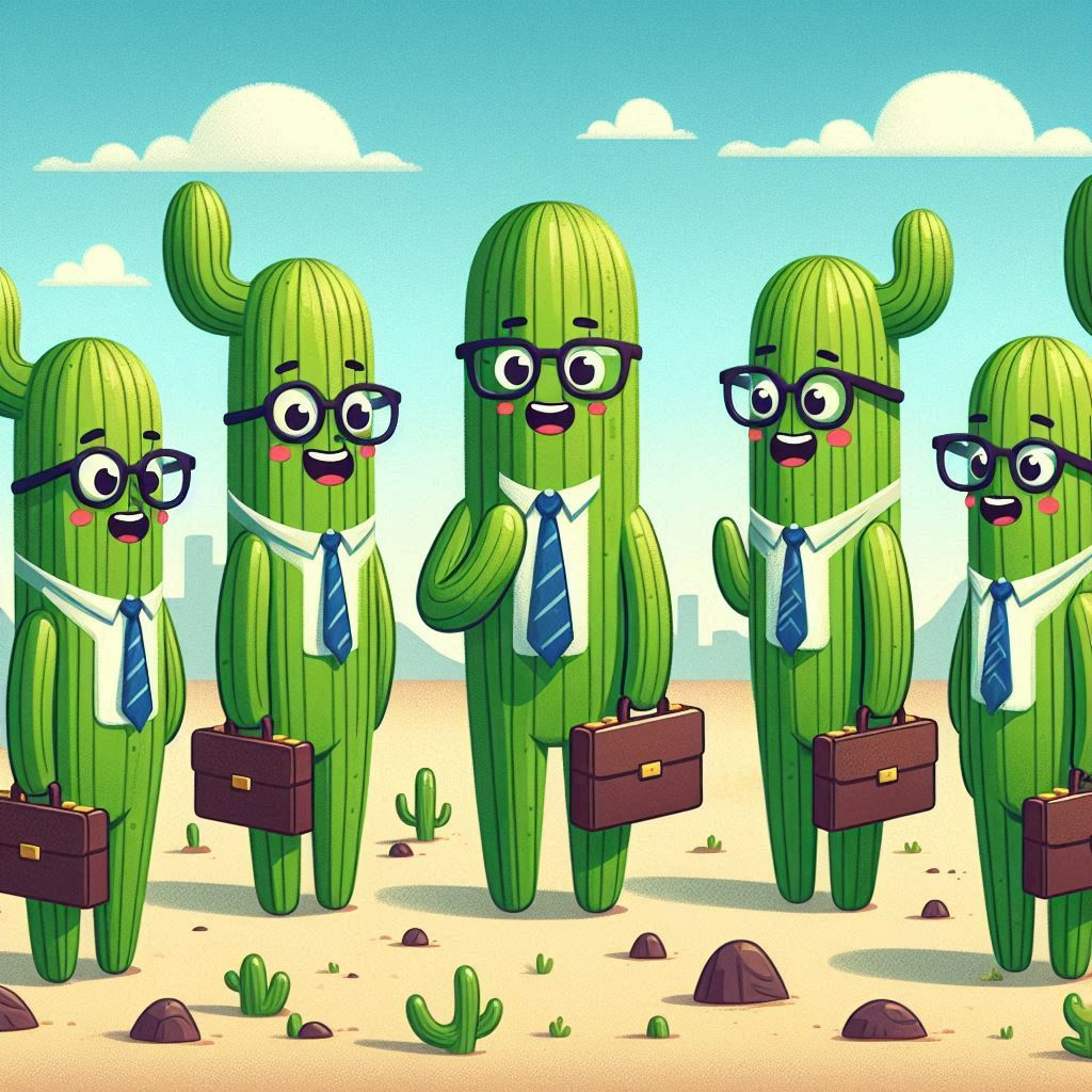 A group of cactus wearing glasses and ties holding briefcases