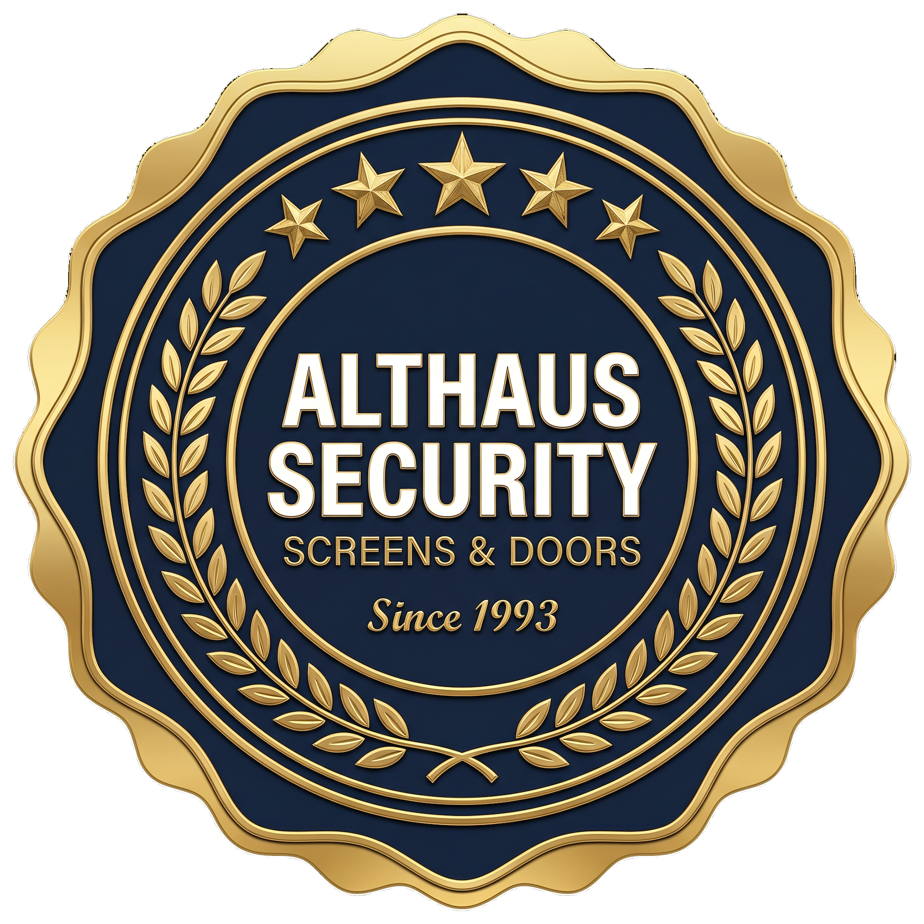 Gold and navy Althaus Security badge logo with stars, laurel wreath, and “Screens and Doors Since 1993” text