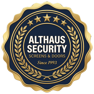 Gold and navy Althaus Security badge logo with stars, laurel wreath, and “Screens and Doors Since 1993” text
