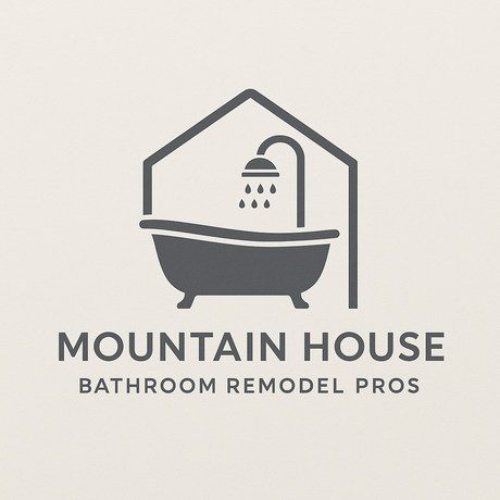Logo: Bathtub and showerhead within a house shape;