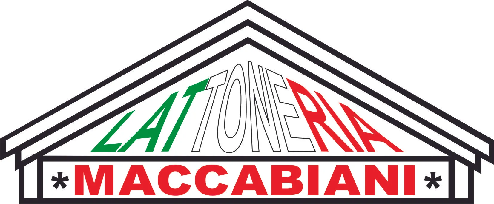 Logo della Lattoria Maccabiani, con testo all'interno del contorno nero del tetto; "Lattoria" in verde e bianco, "Maccabiani" in rosso.