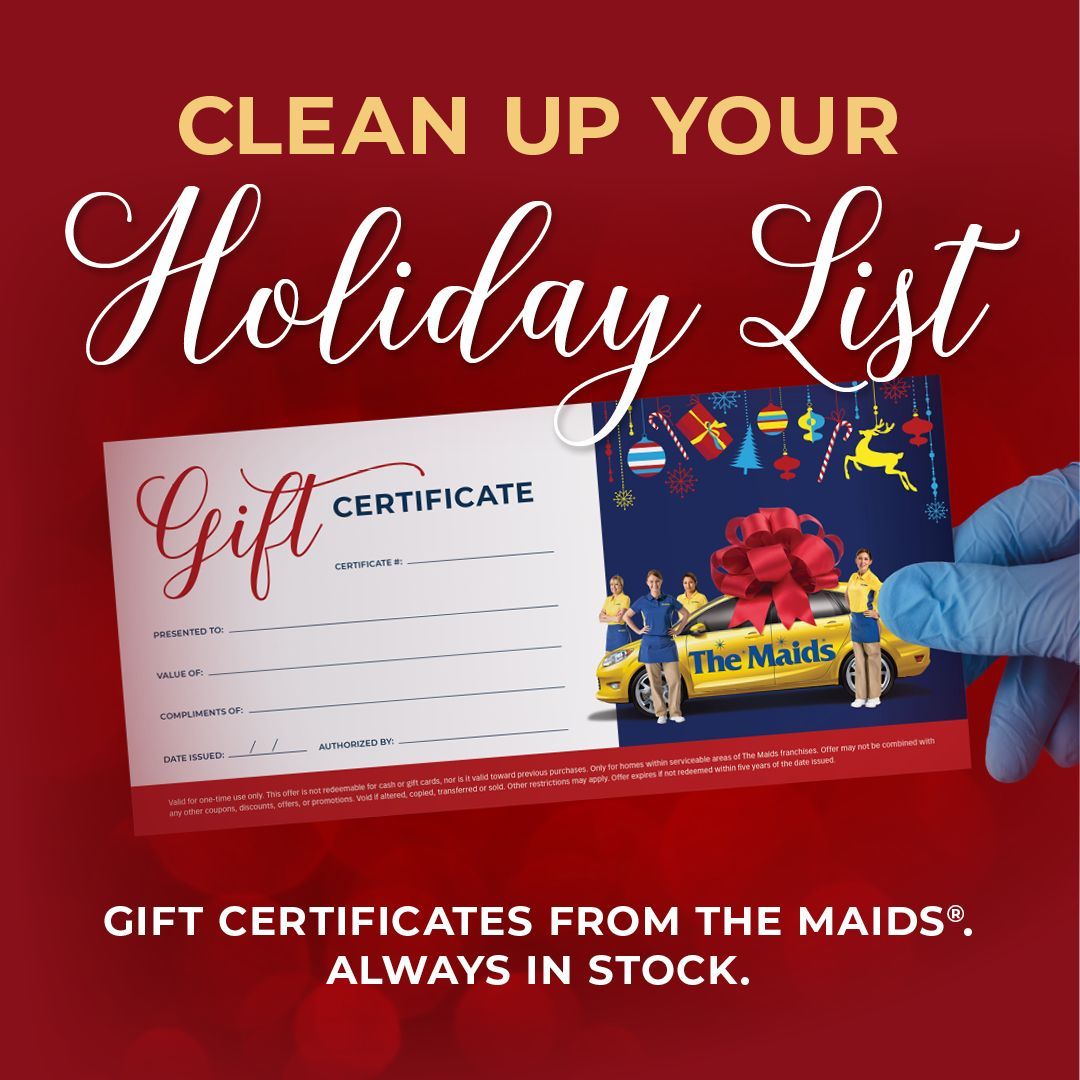 Holiday gift certificate promo with red background, gift cards, and text: “Clean up your holiday list.”