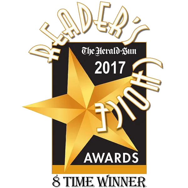 The Herald-Sun Readers’ Choice 2017 award badge with gold star and “8 time winner” text