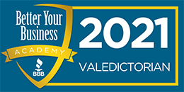 Better Your Business Academy 2021 Valedictorian blue and gold badge with BBB shield logo