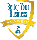 Better Your Business Academy BBB shield logo in blue and gold