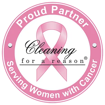 Pink ribbon logo with “Cleaning for a Reason” and “Proud Partner serving women with Cancer” text