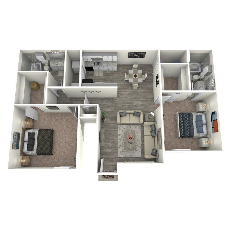 Floor plan of an apartment with two bedrooms, living room, kitchen, and two bathrooms, with furniture.