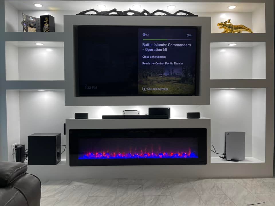 A living room with a fireplace and a flat screen tv.