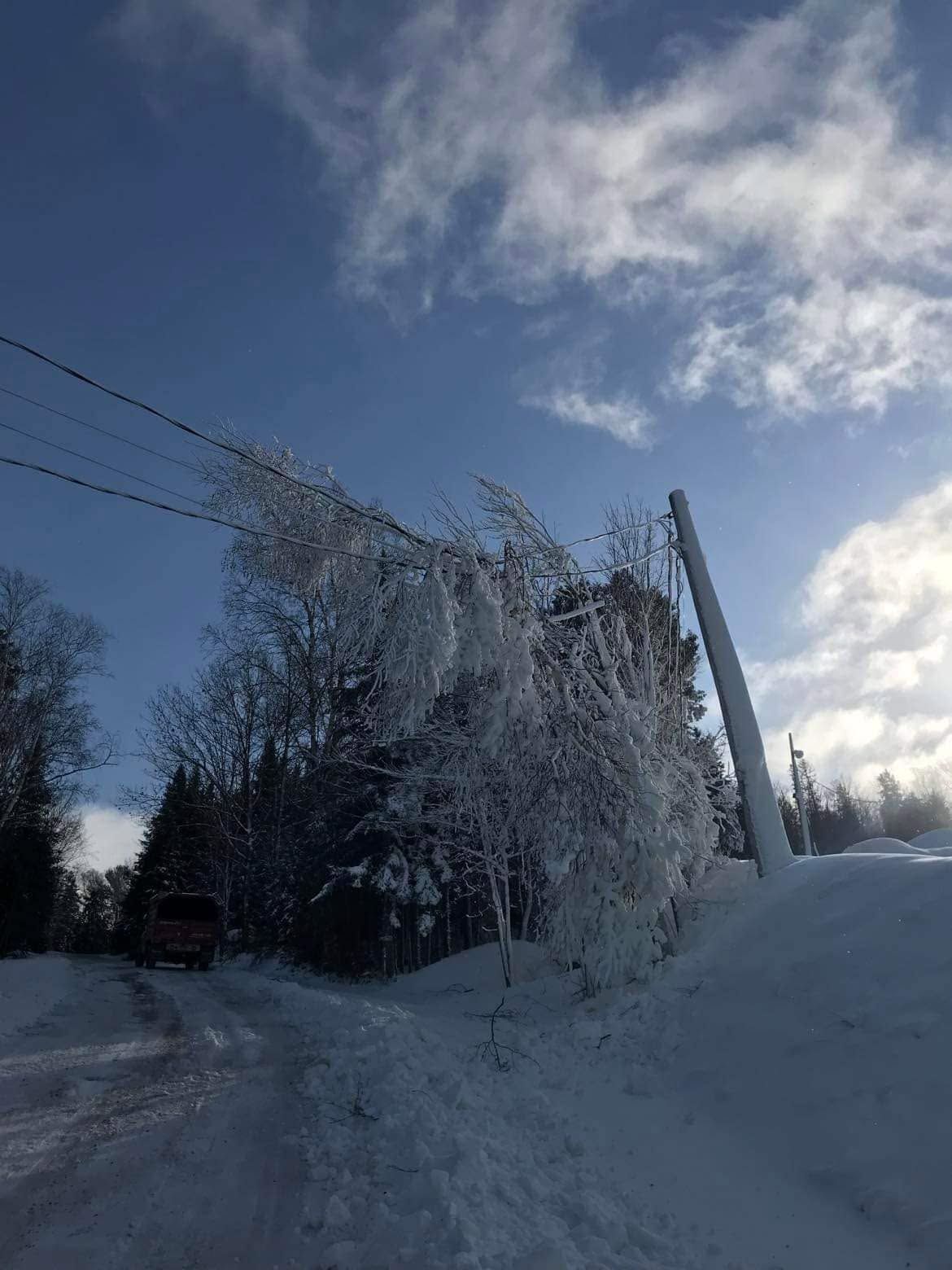 Route enneigée bordée d’arbres givrés et de lignes électriques, sous un ciel d’hiver lumineux