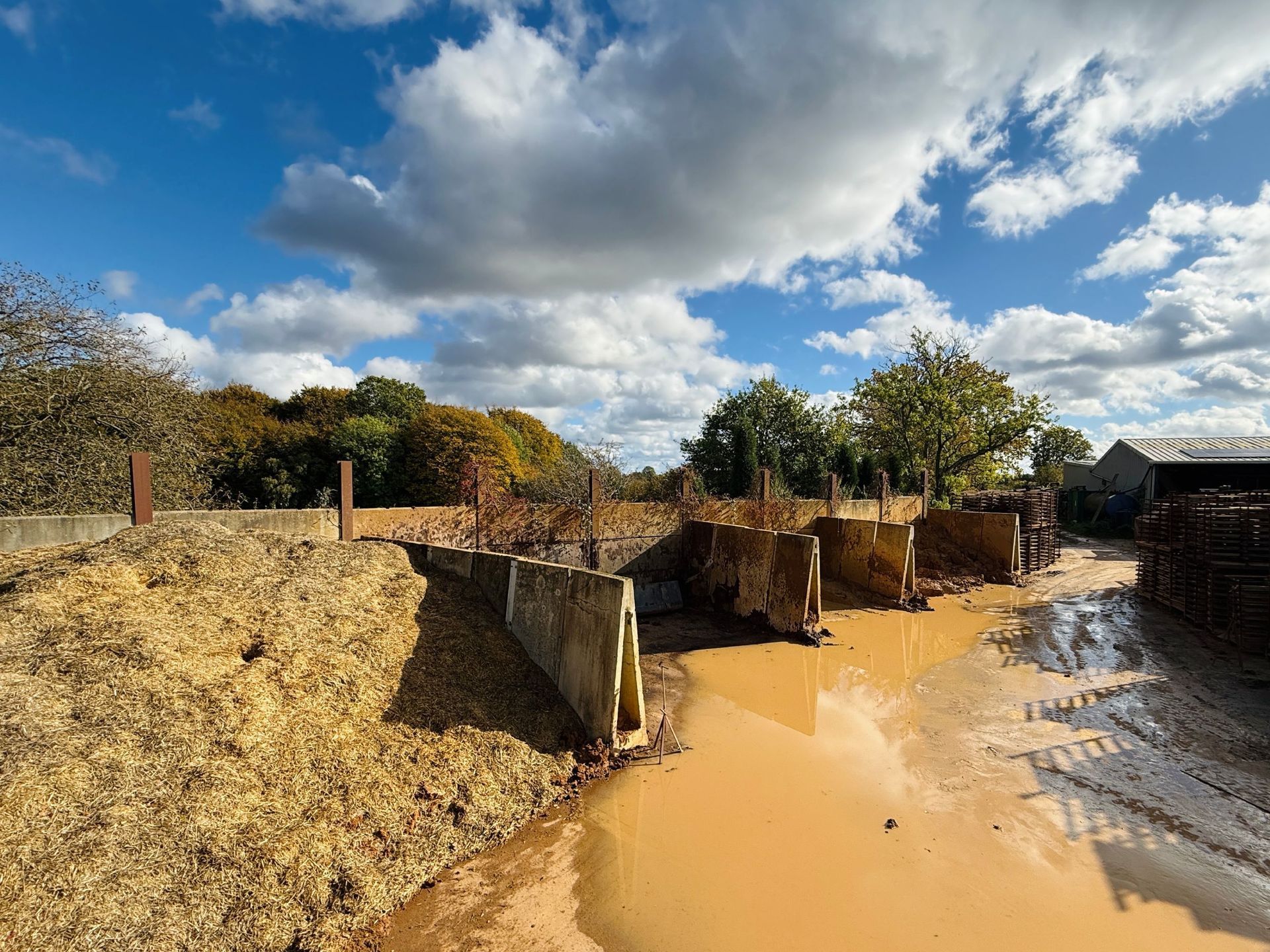 Muddy outdoor worksite with large piles of wood chips and water under a cloudy sky