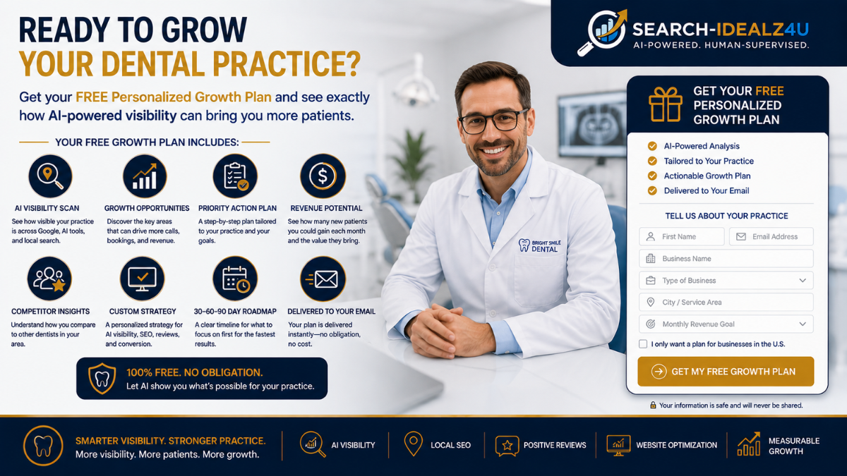 Free personalized Growth Plan for dental practices from Search-IDEALZ4U