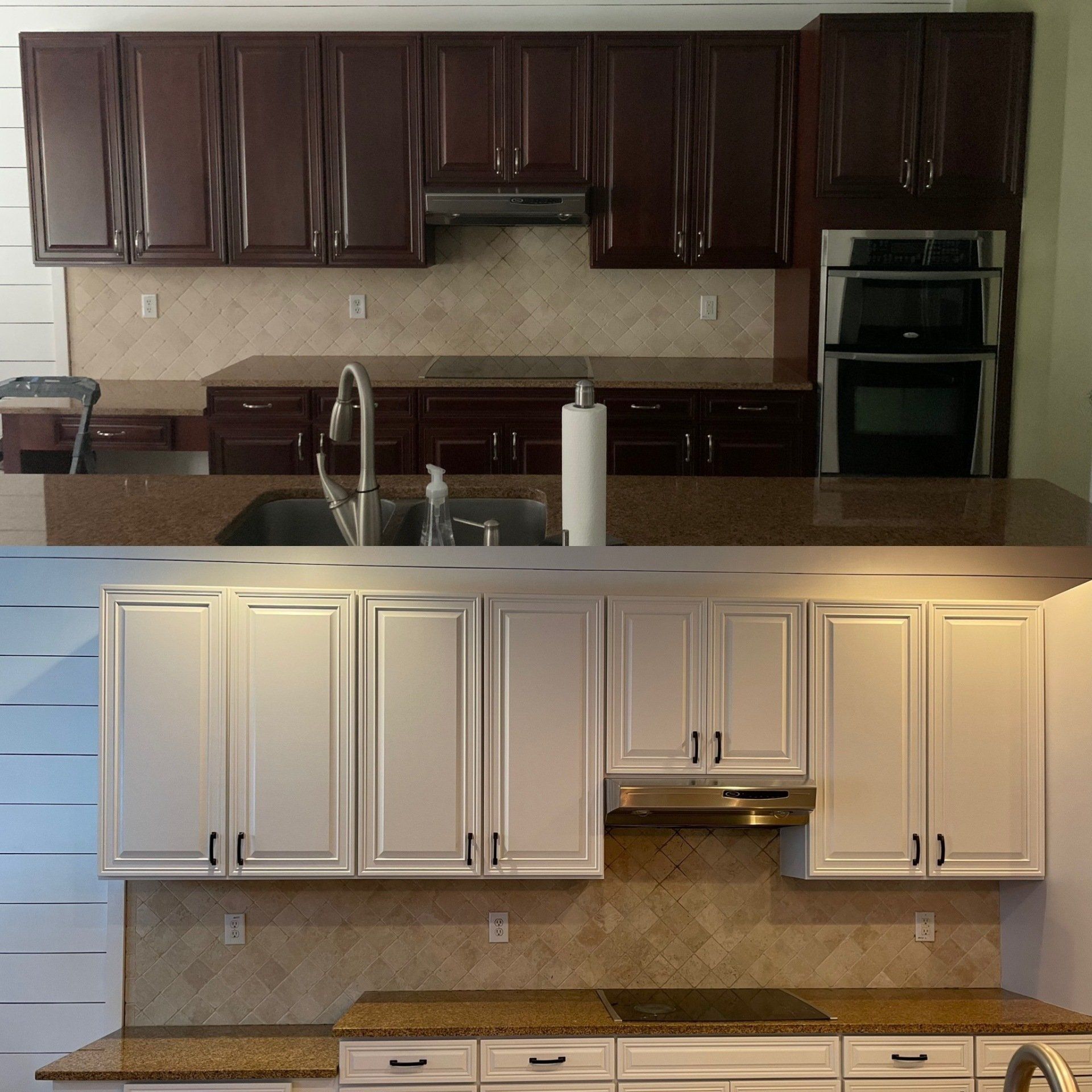Kitchen before and after: dark wood cabinets transform to white. Granite countertops, stainless appliances.