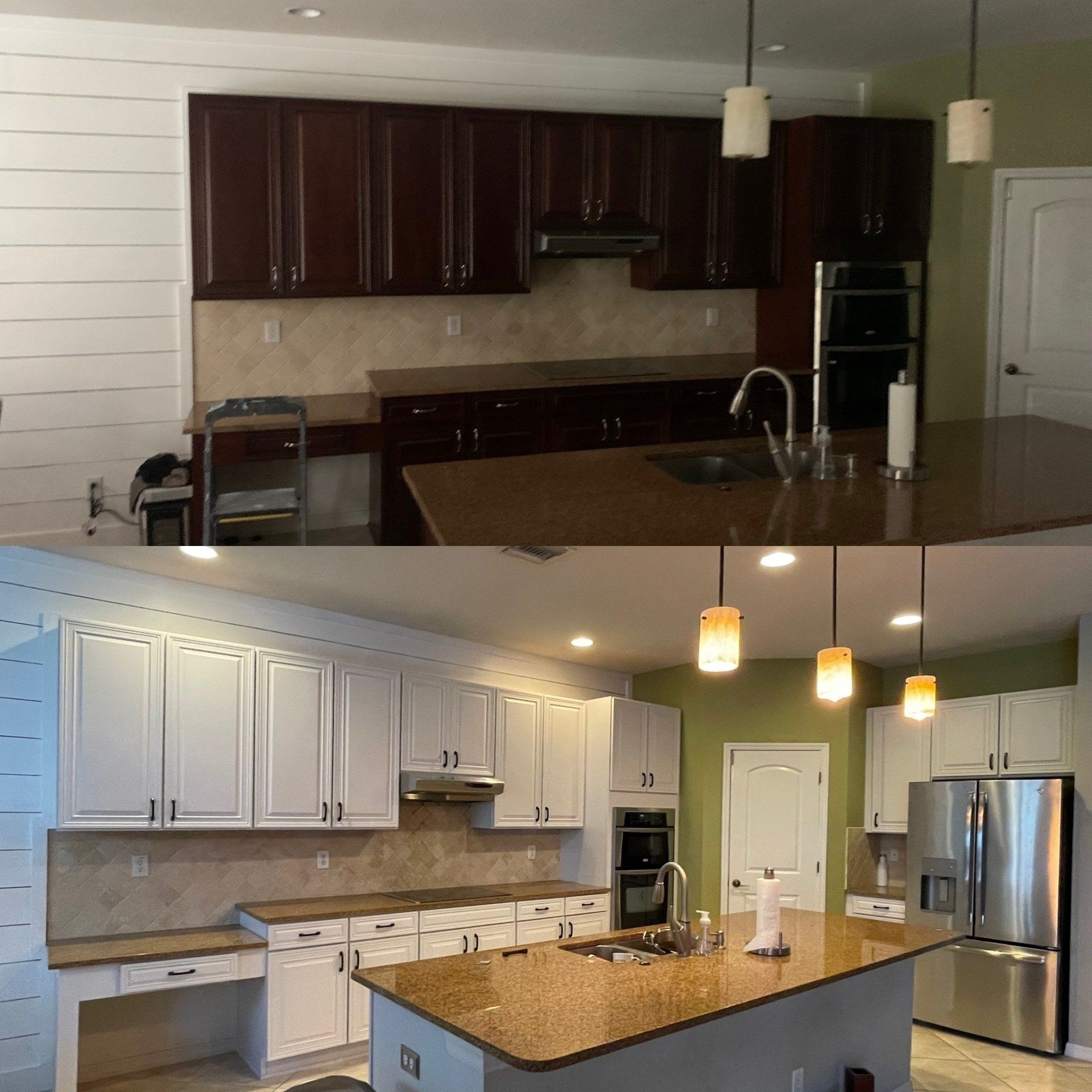 Before and after kitchen renovation: dark cabinets replaced with white; new countertops and stainless steel appliances.