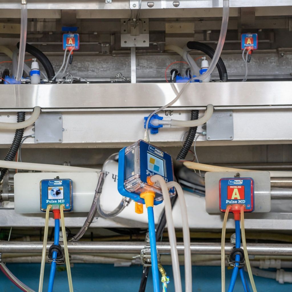 Blue industrial sensors mounted on metal pipes and wiring inside equipment panel