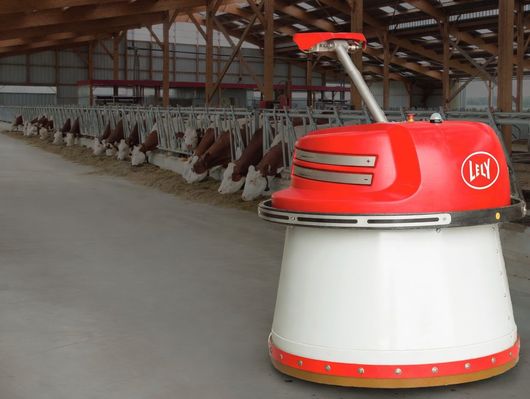 Red and white autonomous robot in a livestock barn beside feeding stations