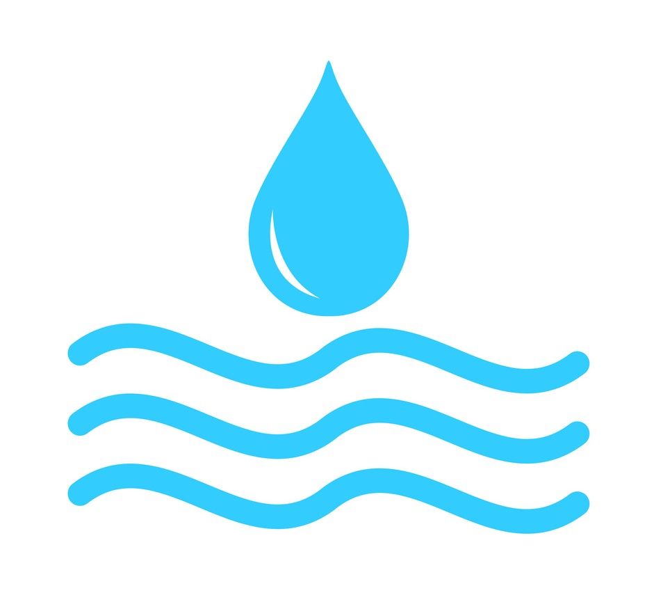 Blue water droplet above three blue wavy lines.