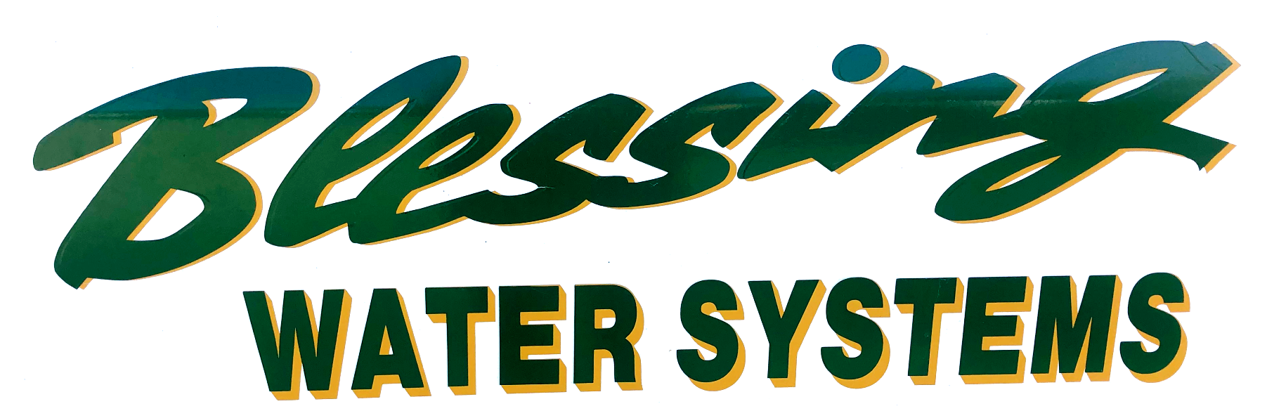 Blessing Water Systems logo in green, cursive font over black block letters.
