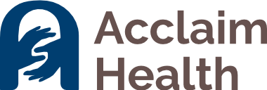 The logo for acclaim health shows a hand holding another hand.