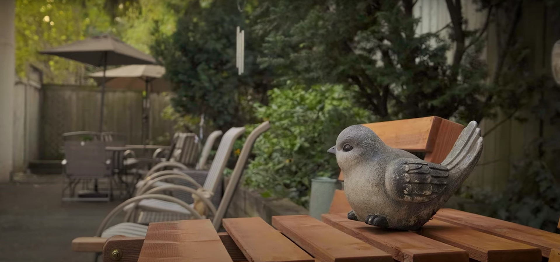 Bird statue on a wooden bench, with patio tables and greenery in the background.
